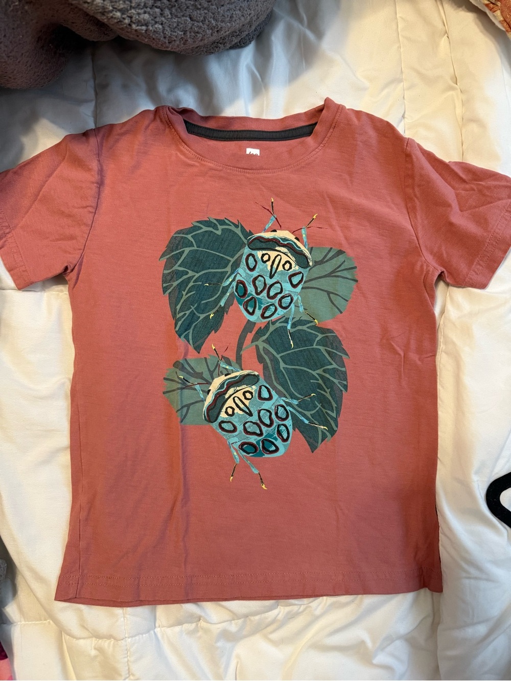 Tea Collection Coral Tee with Teal and Green Leaf Print